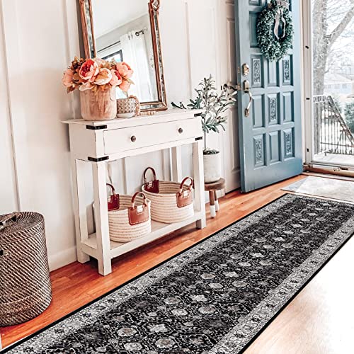 Hallway Washable Runner Rug - 2x10 Kitchen Rugs Entryway Rug Runner Vintage Soft Floor Mat Non Slip Indoor Farmhouse Carpet for Bathroom Living Room Bedroom(2 X 10, Black)