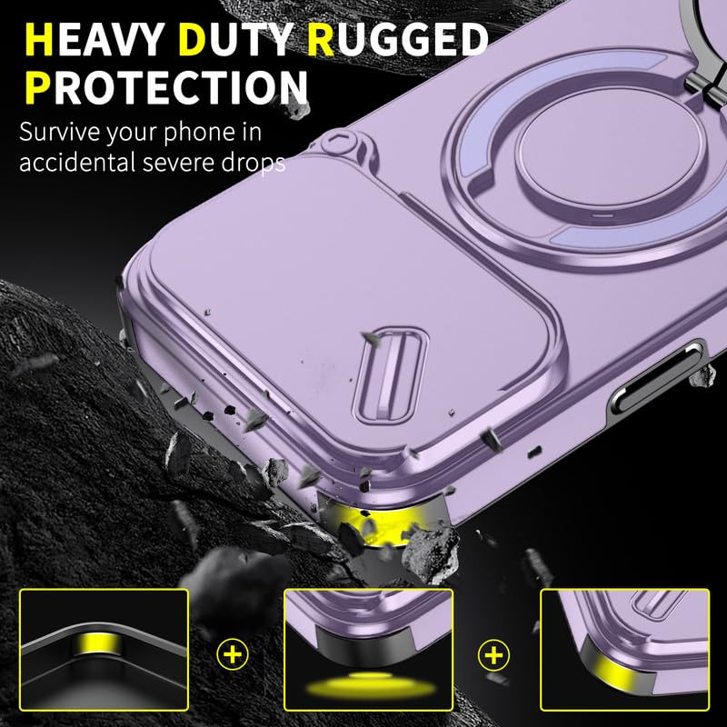 Image of LuxuryKase Shockproof Rugged Case for iPhone 17 Pro | Slide Camera Cover | 360 Rotating Ring Kickstand | Military-Grade Protection - Lavender Purple
