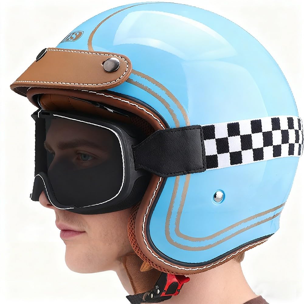 Retro 3/4 Motorrad Helm Jethelm Vintage-Roller-Helm, DOT/ECE-Zertifizierter Retro-Motorradhelm mit Doppelvisier, Jet-Helm Scooter-Helm für Damen und Herren, Leichter Moped-Helm