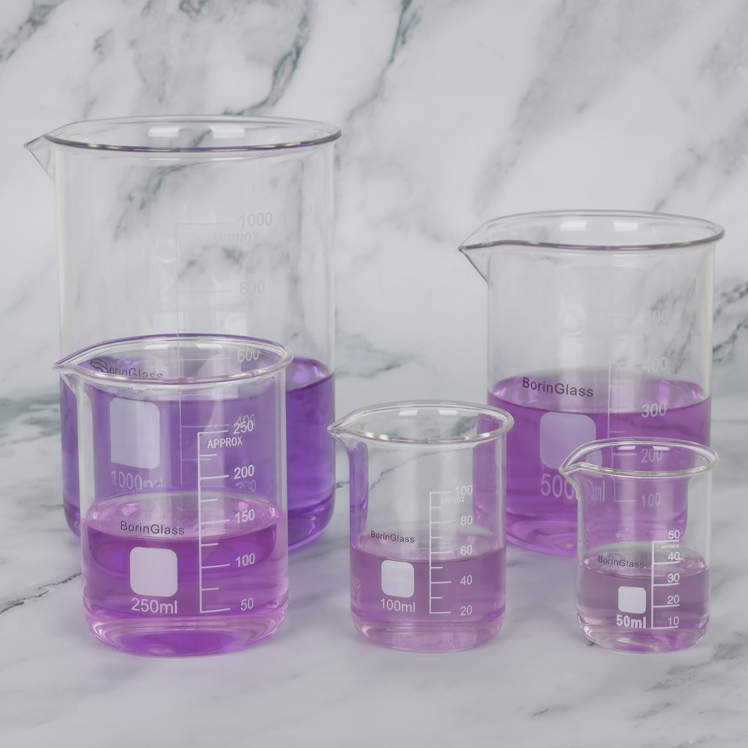 BorinGlass Set di Becker Graduati in Vetro Borosilicato ad Alta Resistenza (5 Pezzi) - 5 Misure: 50 ml / 100 ml / 250 ml / 500 ml / 1000 ml (1 L)