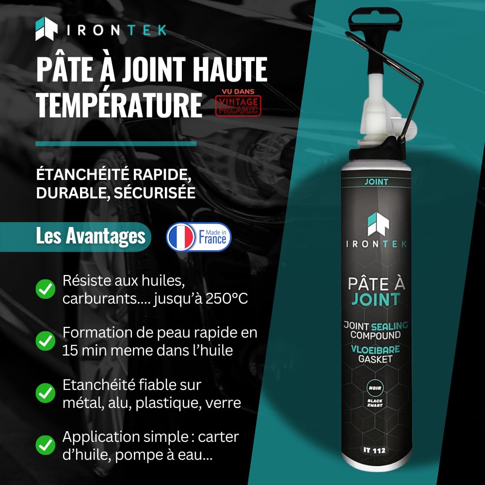 Pâte à Joint Moteur Élastomère Noir 200ml - IRONTEK | IT112 | -40°C +250°C | Carter Pompe Culasse | Résiste Huiles Hydrocarbures