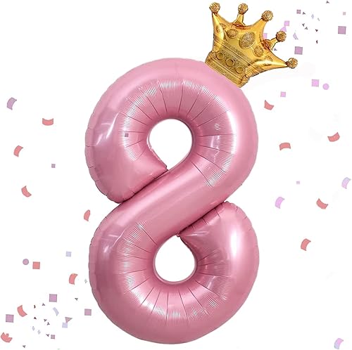 Globo rosa de 40 pulgadas con número 8 y corona pequeña para decoraciones de fiesta de cumpleaños, decoraciones de fiesta de cumpleaños de 8 años,