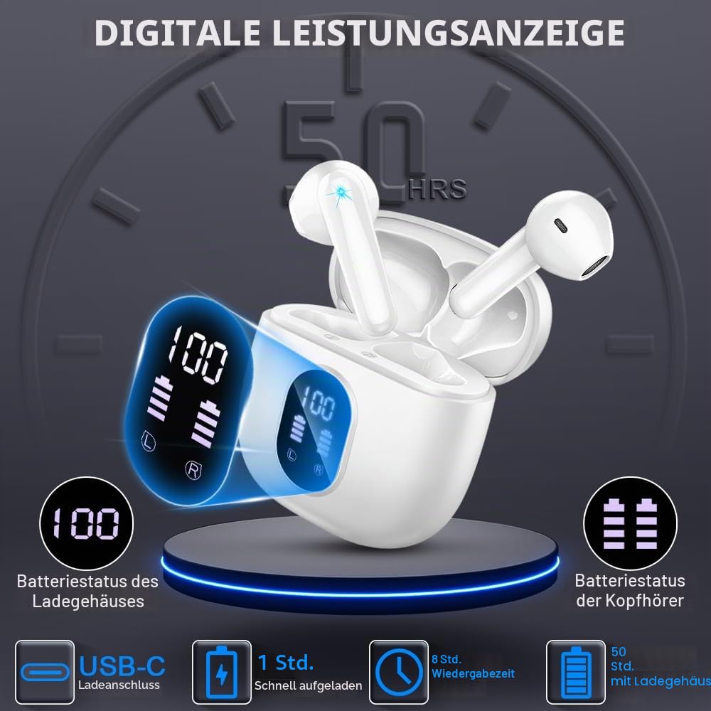 Bluetooth Kopfhörer, Kopfhörer Kabellos Bluetooth 5.4 In Ear kopfhörer bluetooth mit 4 Mic, 50H Kabellose Kopfhörer ENC Noise Cancelling, Tiefer Bass Earbuds IP7 Wasserdicht Ohrhörer, LED-Anzeige