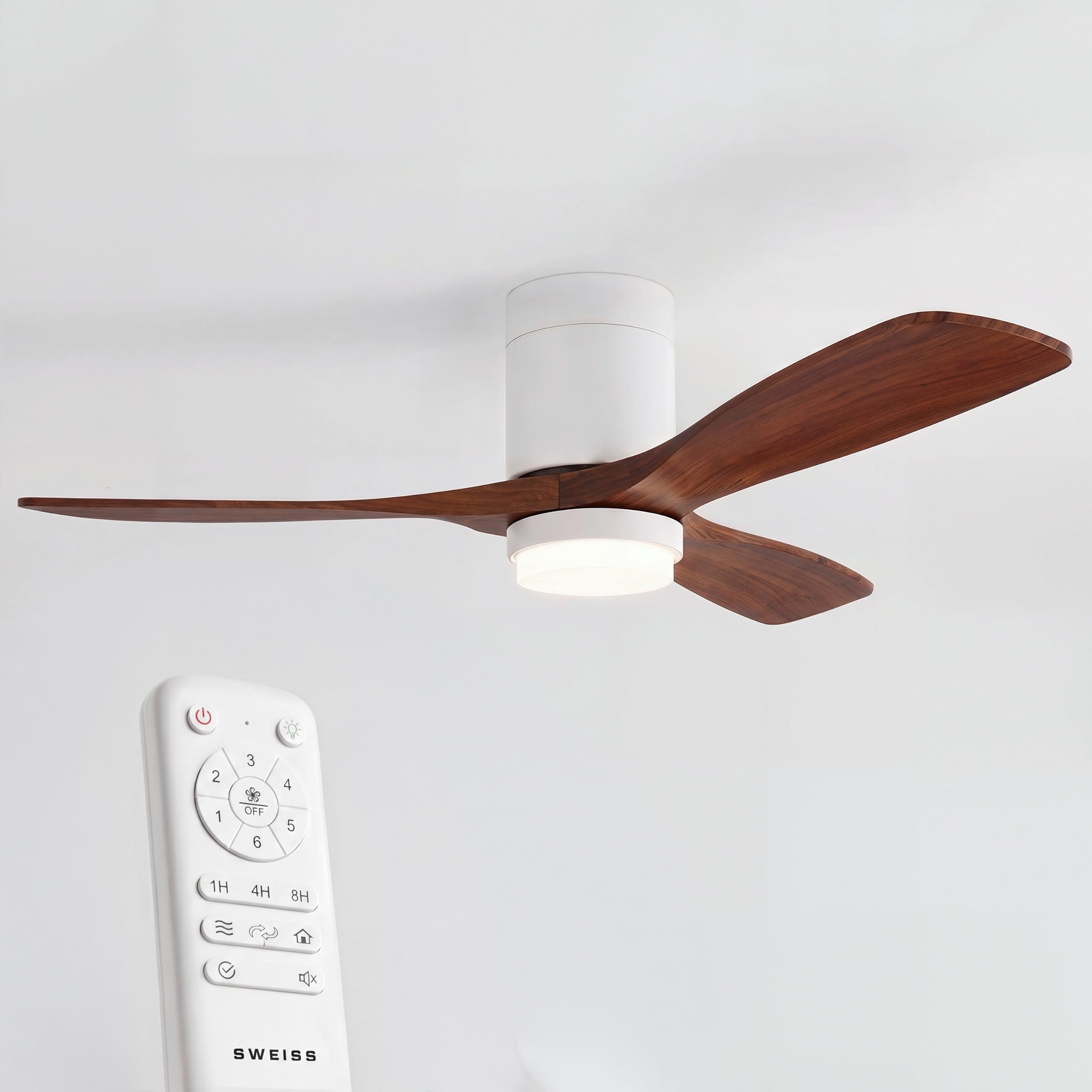 SWEISS Ventilador de techo FLOW26, 132 cm, Iluminación integrada, 40 W, 6 velocidades de ventilación, 3 temperaturas de luz, control remoto, temporizador 8 h, función verano/invierno, 3 aspas ABS