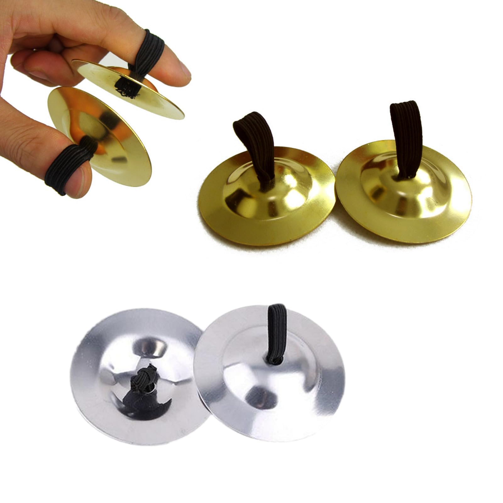 2 works Finger Cymbals Professional Finger Dancing Musical Instrument for Dancer Party, Silver+Yellow