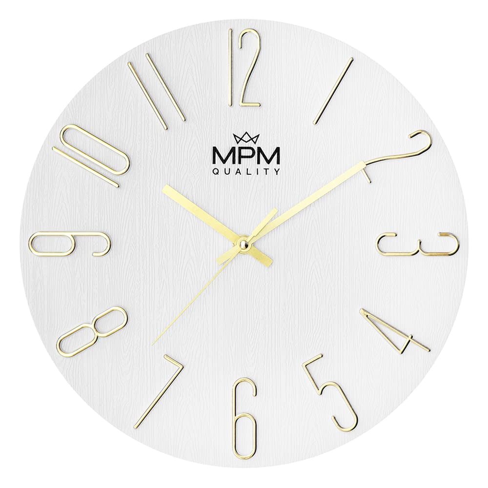 MPM Quality Reloj de Pared de diseño, Color Blanco y Dorado, con Fecha, números 3D, Movimiento de Cuarzo preciso, diámetro de 305 mm, decoración Moderna para salón, Dormitorio u Oficina