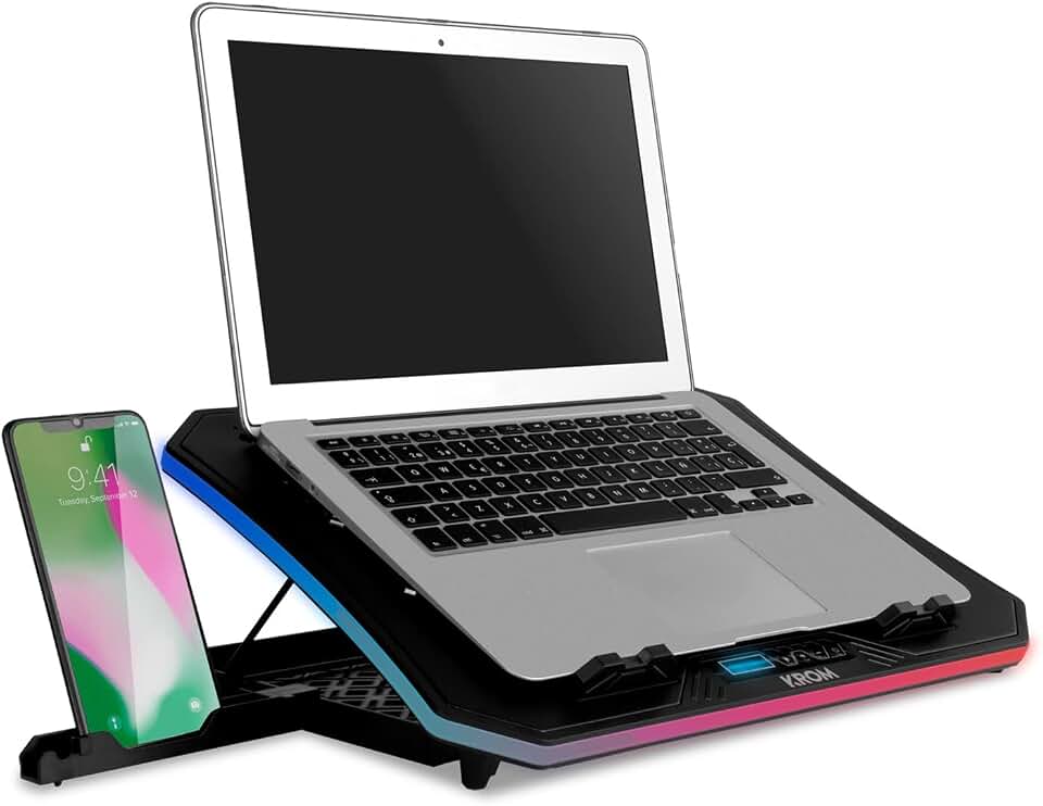 KROM KOOLER -NXKROMKOOLER- Base refrigeradora para portátiles hasta 19", 6 Ventiladores, RGB, Soporte para Smartphones, Display LCD y HUB USB, Color Negro