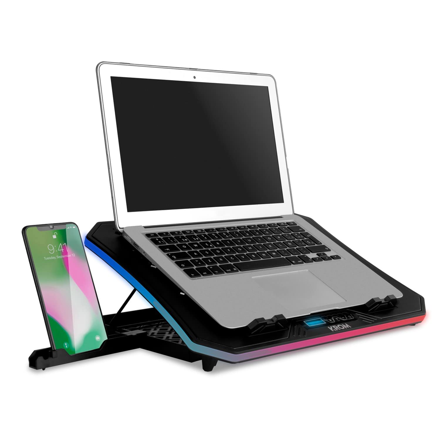 KROM KOOLER NXKROMKOOLER- Cooling Pad for Laptops up to 19 Inches, 6 Fans, RGB, Stand for Smartphones, LCD Display and USB HUB, Black