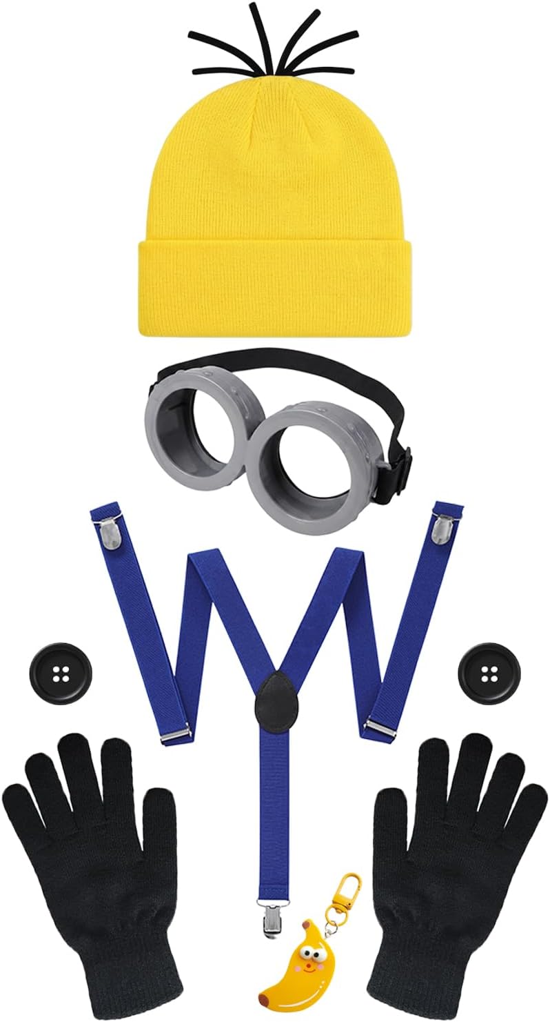Cartoon Costume Accessory Set Adults with Beanie Hat Goggles Suspenders Buttons Funny Kit for Halloween Party