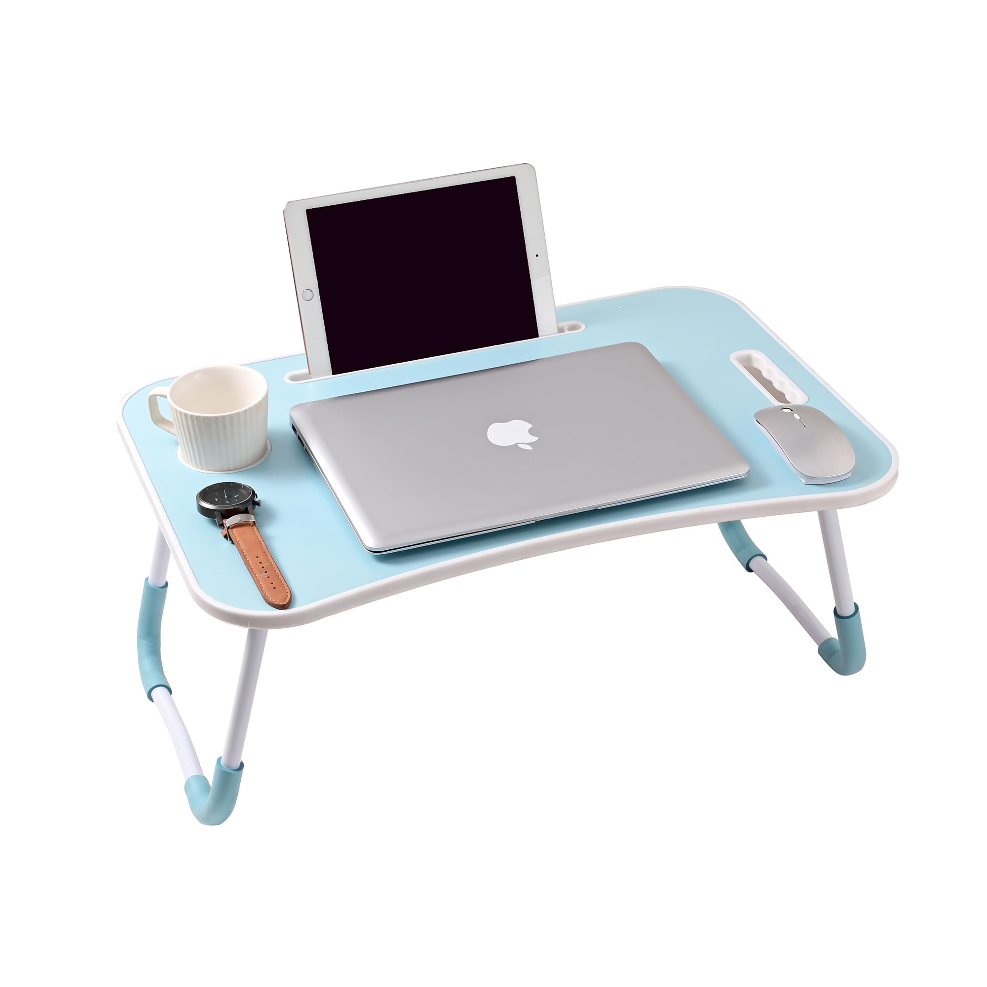 Cmy Blue Laptop Bed Table,Notebook Table Dorm Desk,Portable Lap Desk,Notebook Table Dorm Desk With Foldable Legs & Cup Slot,For Eating Breakfast,Reading,Watching Movie On Bed/Sofa(60 X 40Cm) (Blue)
