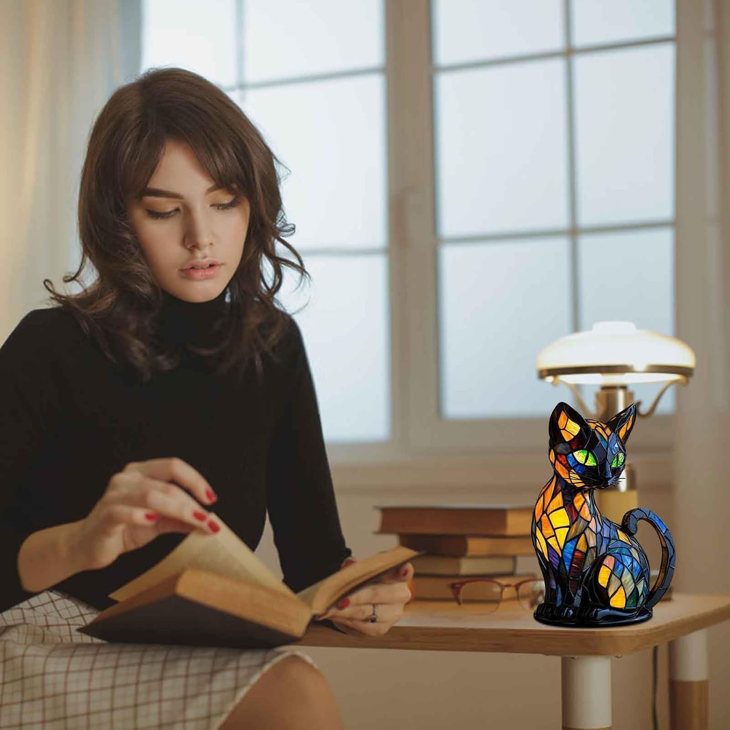Solymall Glowkitty, Solymall cat lamp stained glass, Retro Cat Stained Resin Tabletop Night Light, 3D Cute Pet Led Table Light, for Cats Lovers (B 1PCS)
