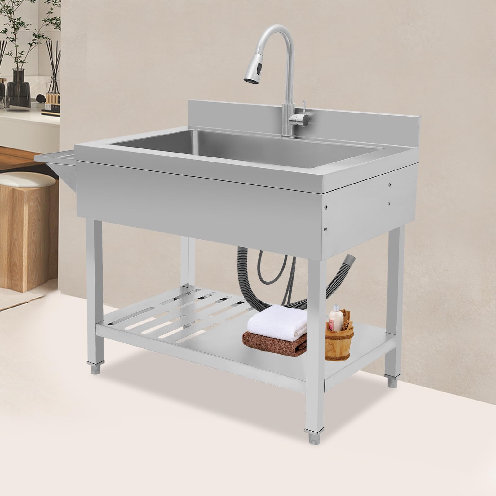 Fregadero de cocina independiente, 90x57x94 cm, acero inoxidable, grifo extraíble, lavabo portátil para catering