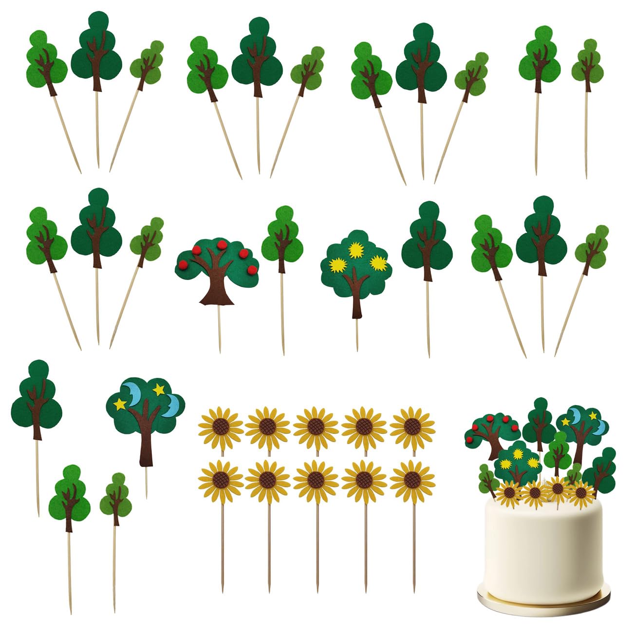 Gaodercha 43 Pcs Felt Tree Cake Toppers Green Trees Woodland Cake Toppers Forest Cake Decoration Non Woven Fabric Tree Toppers for Birthday Party Cake Decoration
