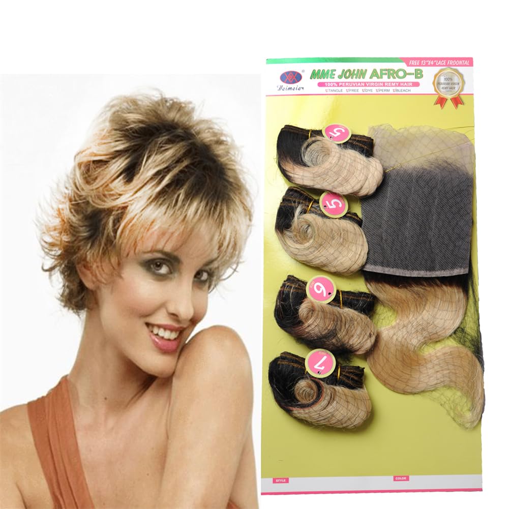 13 * 4 Front Lace Afro-B Weft Hair weave Human Hair Virgin Human Hair 4 Bundles/pack Body Wave Blonde Black Brown Hair Extensions (13 * 4, T1B/613)