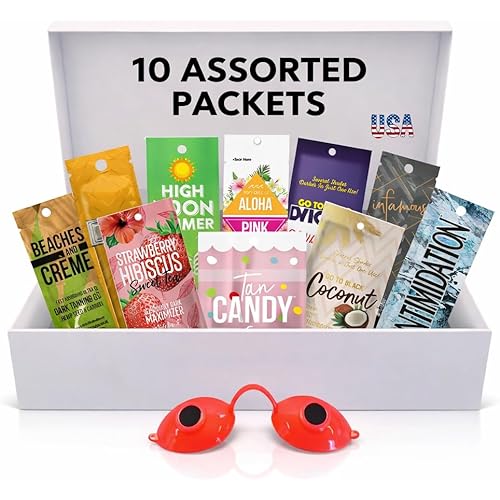 10 Pack of Tanning Bed Lotion Packets + Eyewear – The Tan Box, Best Indoor UV or Outdoor Sun Cream, Dark Accelerator with Goggles (0.5 oz each)