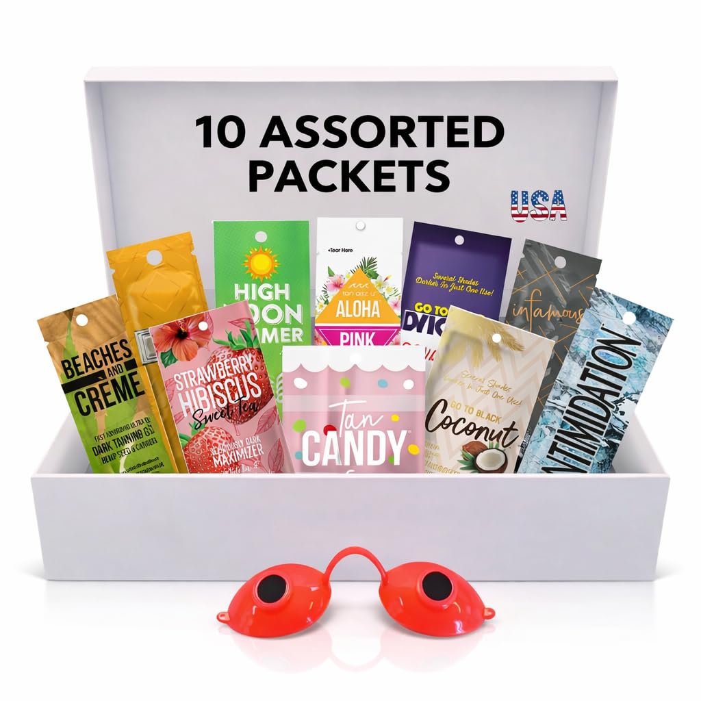 10 Pack of Tanning Bed Lotion Packets + Eyewear, The Tan Box is a Random Selection, Best Indoor UV or Outdoor Sun Cream, Dark Accelerator with Goggles (0.5 oz each)