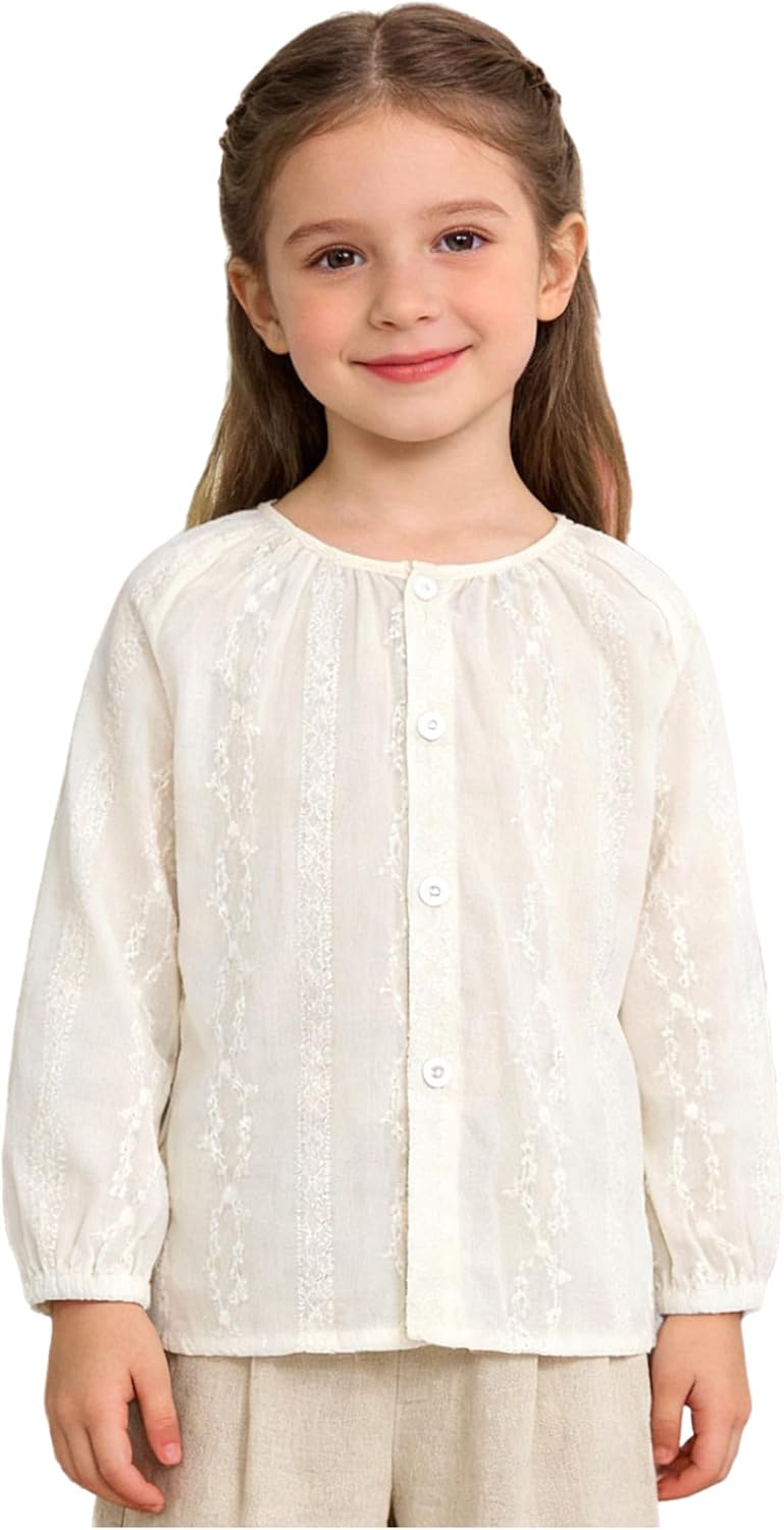 Girls Vintage Button Down Blouse with Lace Trim Collar – Classic Long Sleeve Kids Shirt Top