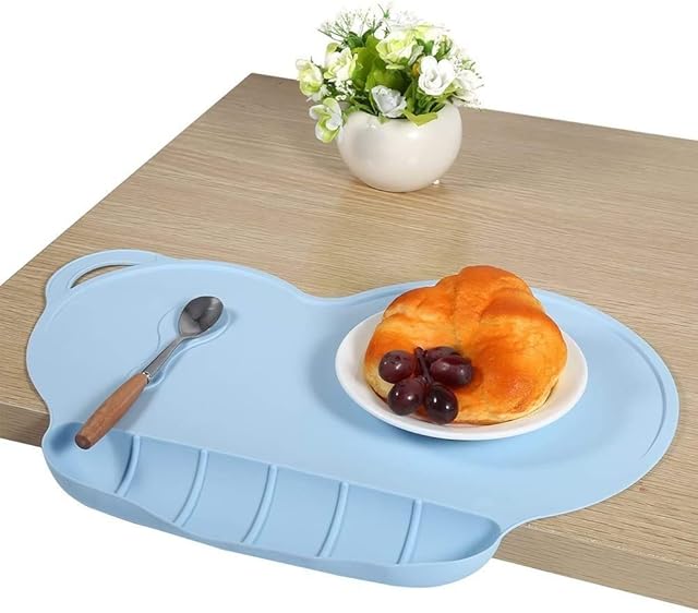 Childrens Placemats,Silicone Suction Non-Slip Baby Eating Mat with Food Catcher Eholder Fits Most Highchair & Table Anti-Slip Heat Proof Stain Resistant Washable Toddler Tablemat, Portable Tableware