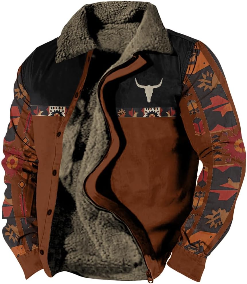 DMOYALA Western Aztec Jackets for Men Fleece Cowboy Shirt Jackets Cow Skull Graphic Coats Long Sleeve Jackets with Pocket