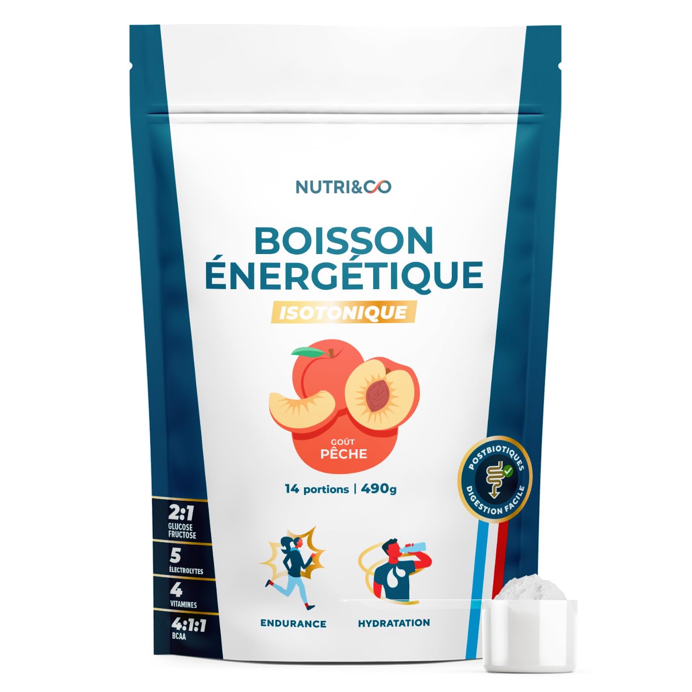 NUTRI & CO Boisson Énergétique Isotonique en Poudre - Ratio 2:1 Glucose/Fructose avec BCAA, Électrolytes, Postbiotiques & Gingembre - Running, Vélo, Hyrox - 490g Goût Pêche - Fabriqué en France