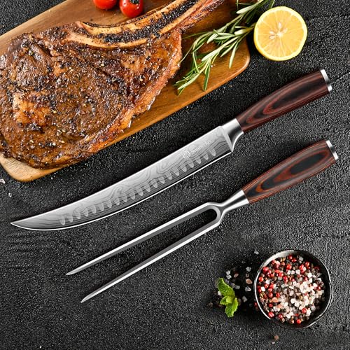 Sunnecko Butcher Knife,Razor Sharp Breaking Knife for Meat Cutting,High Carbon German Steel Carving Knives with Meat Fork