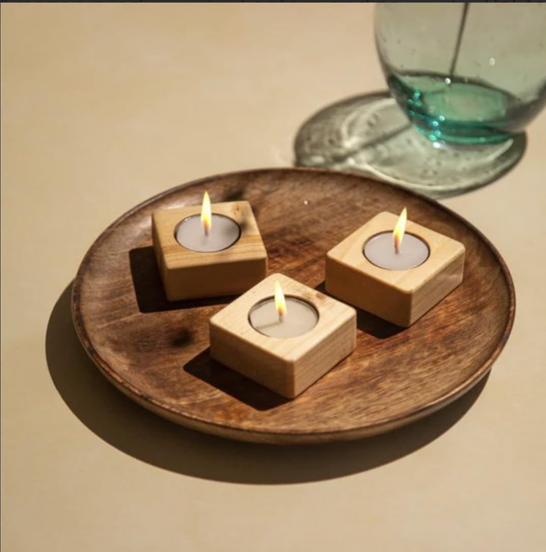 ReStory Kado Tiny Minimalistic Wooden Candle/Tea Light Holder - Geometric Design Tea Light Votive Candle Holder - Black Metal Tealight Candle Holders for Vintage Wedding Home Decor Set of 3