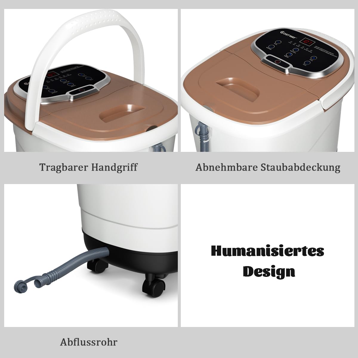 SOARS Fußbad Massagegerät elektrisch, Fußbadewanne mit Abnehmbarer Massagefläche, mobiles Fußmassagegerät mit Heizungs- & Dusch-Funktion, 10-60min Timer, 35-48℃ (Braun)