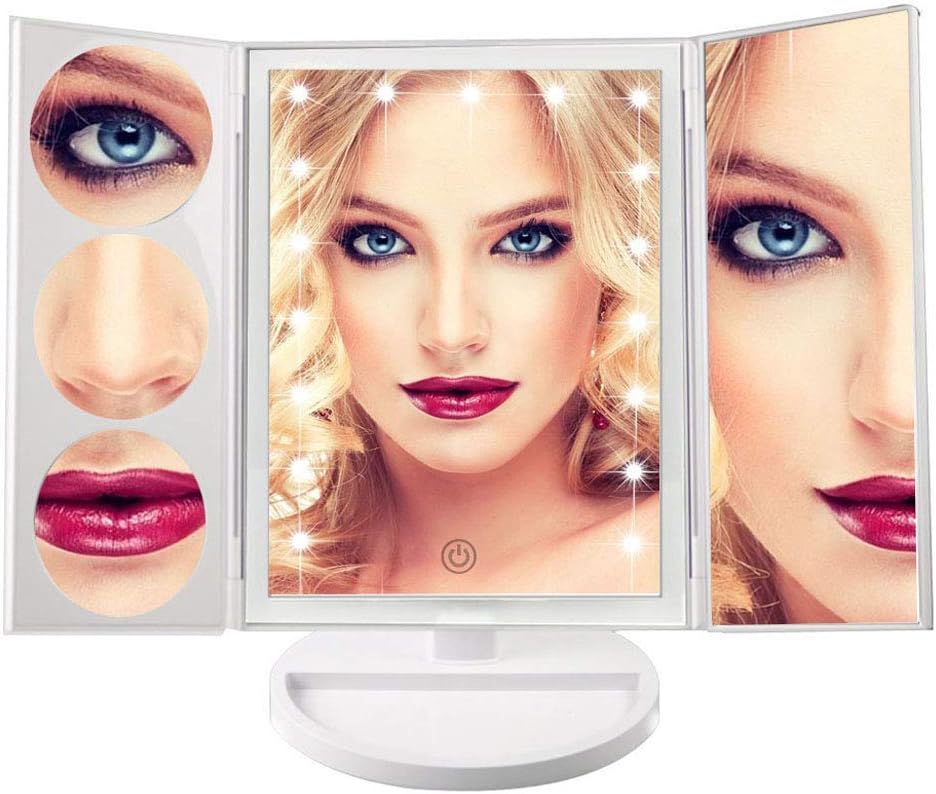 18 Led Makeup Mirror, 3x/5x/10x Magnification Rotating Cosmetic Tri-Fold illuminated Touch Screen Vanity Mirror, Battery and USB Powered, Perfect for Bathroom and Bedroom Table Top, White