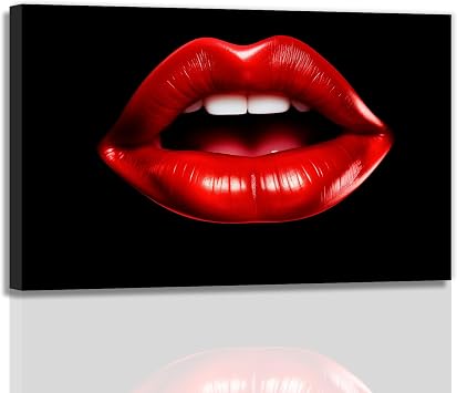 OAAPITI Lips Canvas Wall Art Bright And Plump Sexy Lips Picture Print Black And Red Poster Fashion White Teeth Mouth Modern Artwork For Women Bedroom Living Room BathroomArtwork-1,16"x24"