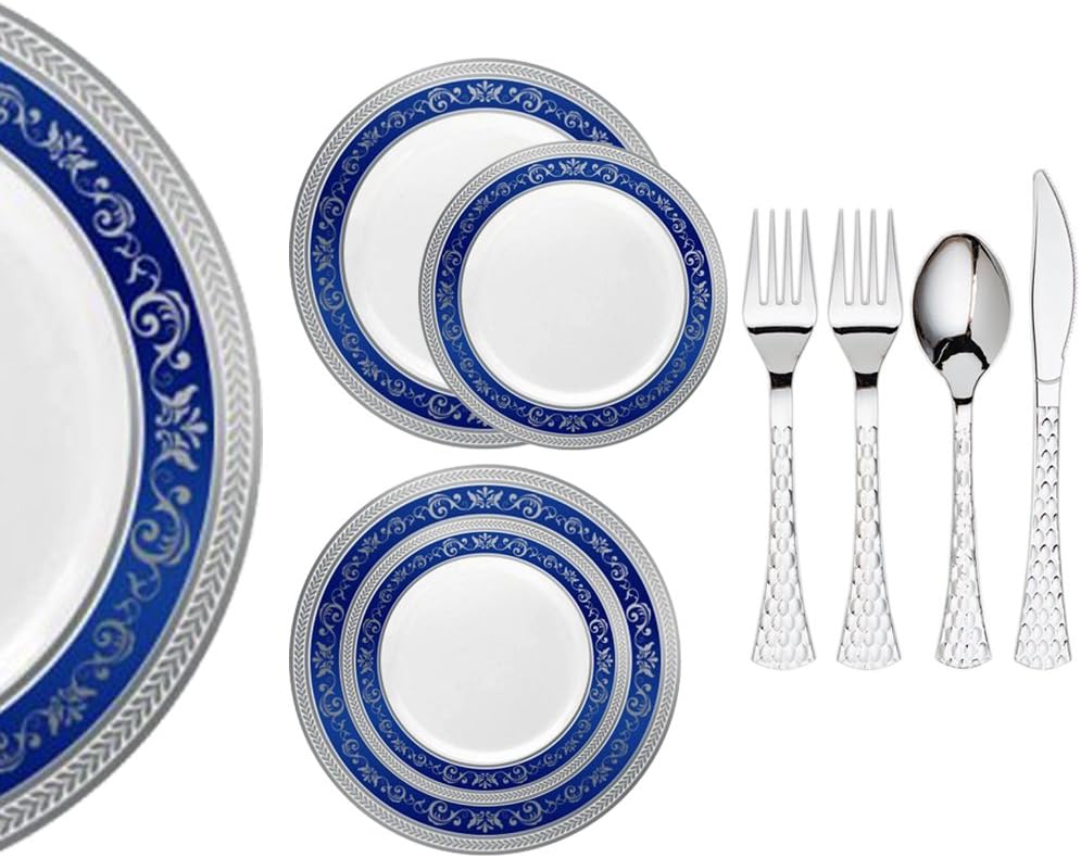 Royal Collection Heavy Duty Plastic Plates for Weddings for 20 Persons, Includes 20 Dinner Plates, 20 Salad Plates, 40 Forks, 20 Spoons, 20 Knives, Blue and Silver Rim