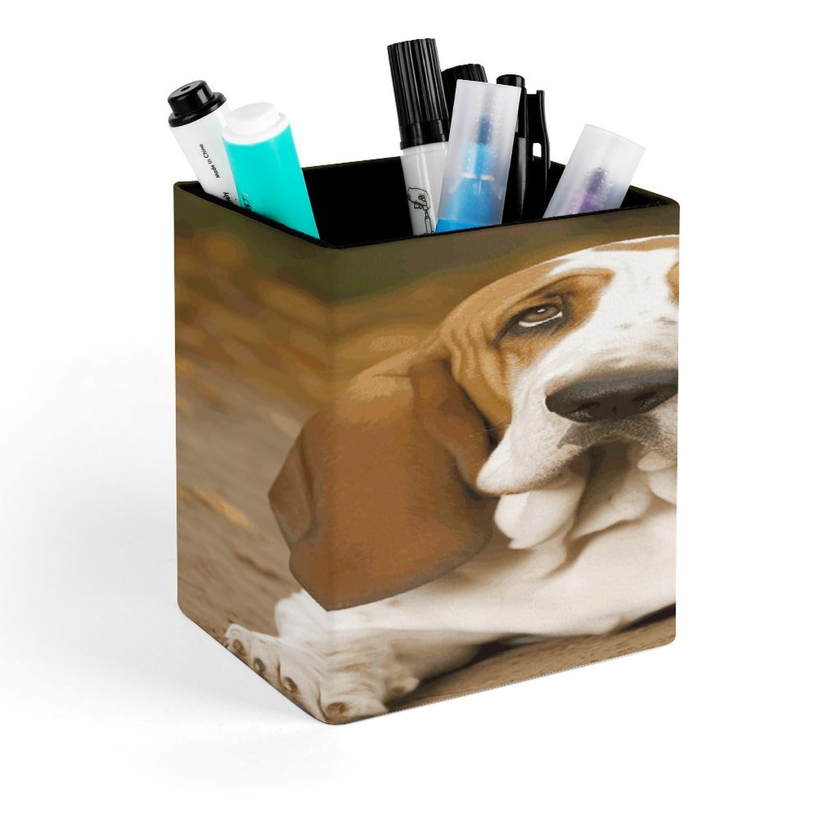 LZQPOEAS Basset Hound Square Pen Pencil Holder PU Leather Pencil Cup Desktop Stationery Organizer Office Accessories Container