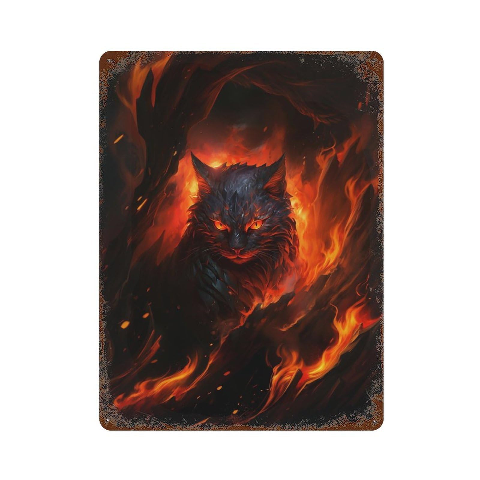 Distressed Metal Wall Sign with Flaming Cat Artwork Design 15.7"x11.8", for Garage, Bar And Workshop Decor, Vintage Wall Decor