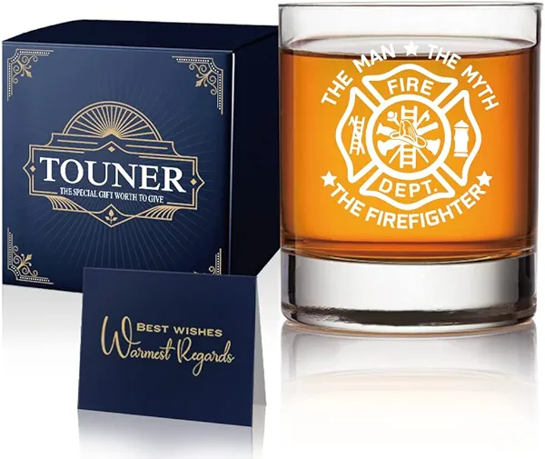 TOUNER The Man The Myth Whiskey Glasses, Firefighter Whiskey Glass, Fireman Whiskey Glass Gift, Firefighter Present For Retirement, Graduation, Birthday