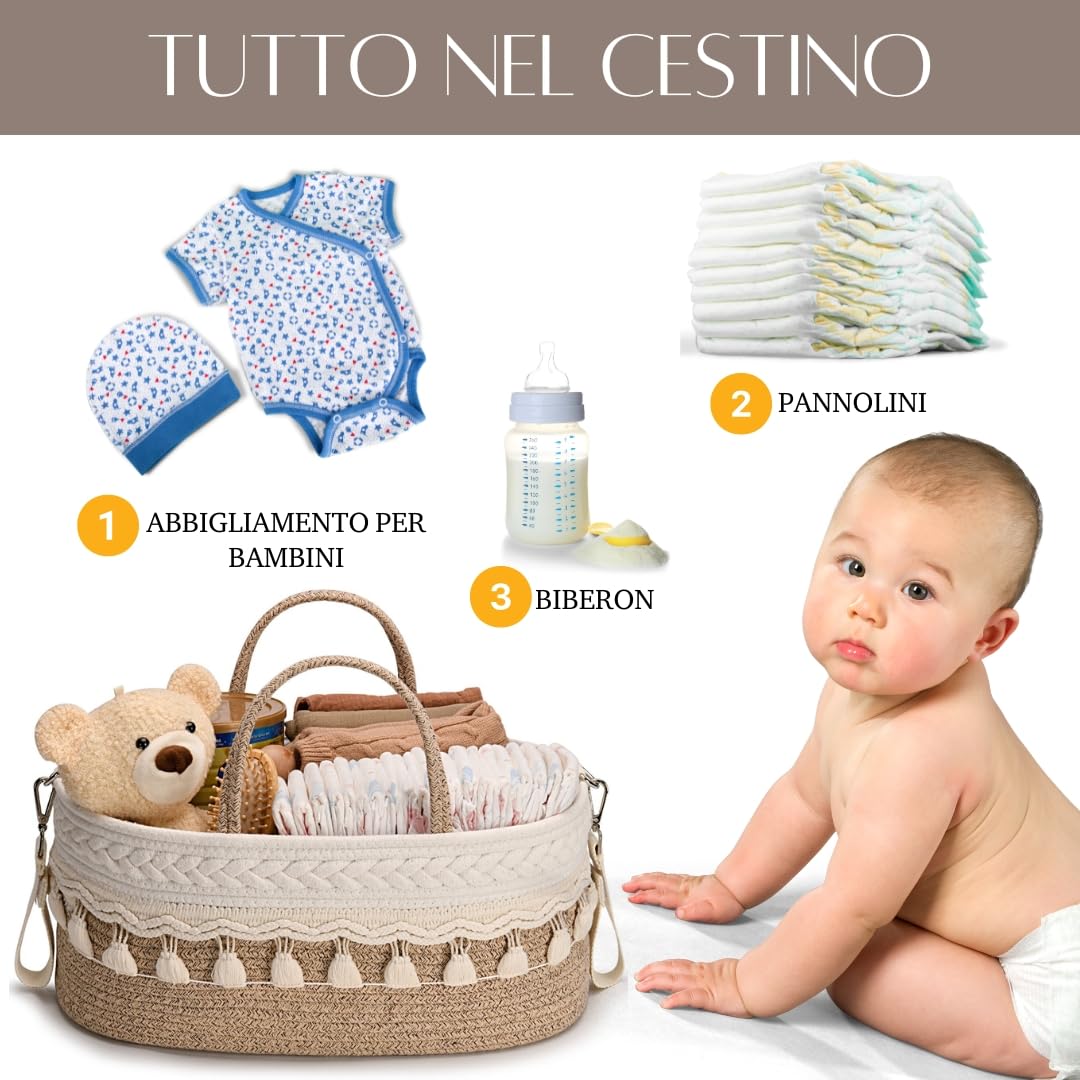 SEBRAM Organizer Fasciatoio per Neonati – Organizer Pannolini Beige Boho, Cesta Fasciatoio Neonato con Tracolla Regolabile & Tasche Termiche/Include maniglie bianche (vedi video)