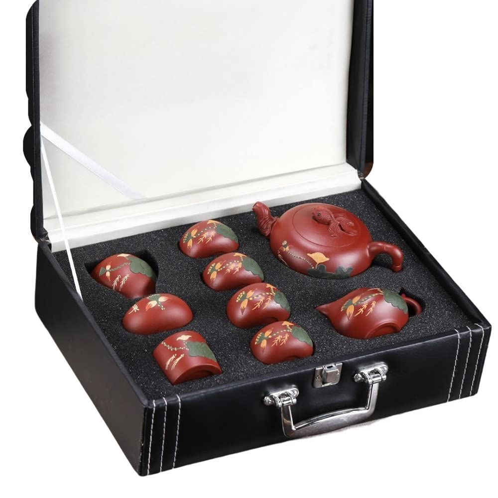 Chiński zestaw do herbaty Yixing Zisha, ceramiczny fioletowy zestaw do herbaty, czajniczek do herbaty z reliefem ryby lotosu z filiżankami do herbaty, dzbankiem do herbaty, czarką do herbaty, filtre