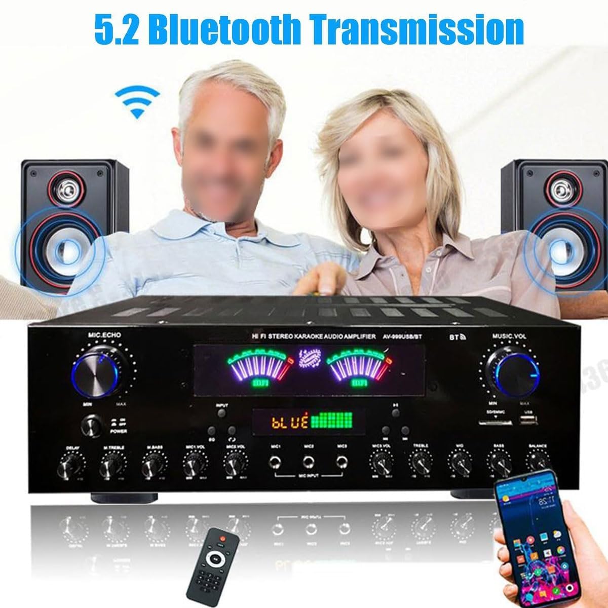 Amplificador de Audio estéreo de 7 Canales, Bluetooth 5.2 Amplificador HiFi para Altavoces Radio FM, con Pantalla LCD y Control Remoto, admite Tarjetas SD USB FM para Estudio, Altavoces caseros