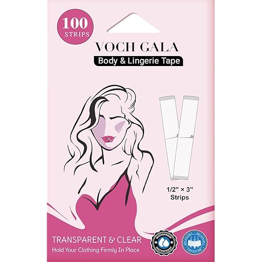 VOCH GALA Double Sided Tape for Clothes & Body (100 Strips) – All‑Day Hold Lingerie Tape for Bridal & Wedding Dresses | Hypoallergenic Body Tape for Sensitive Skin |Medical‑Grade Adhesive, Low Residue