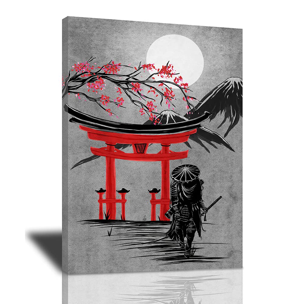 Armored Samurai Canvas Wall Art Torii Canvas Painting For Wall Cool Prints for Home Office Sakura Pictures Modern Japanese Culture Artwork Poster Framed Wall Decor For Bedroom Living Room 16x24 Inch