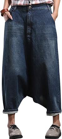 Womens Elastic Waist Denim Trousers Cotton Jeans Big Crotch Harem Pants
