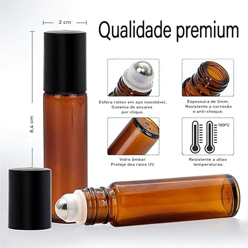 Kit com 20 Frascos de Vidro Âmbar Roll-on 10mL (vidro grosso)
