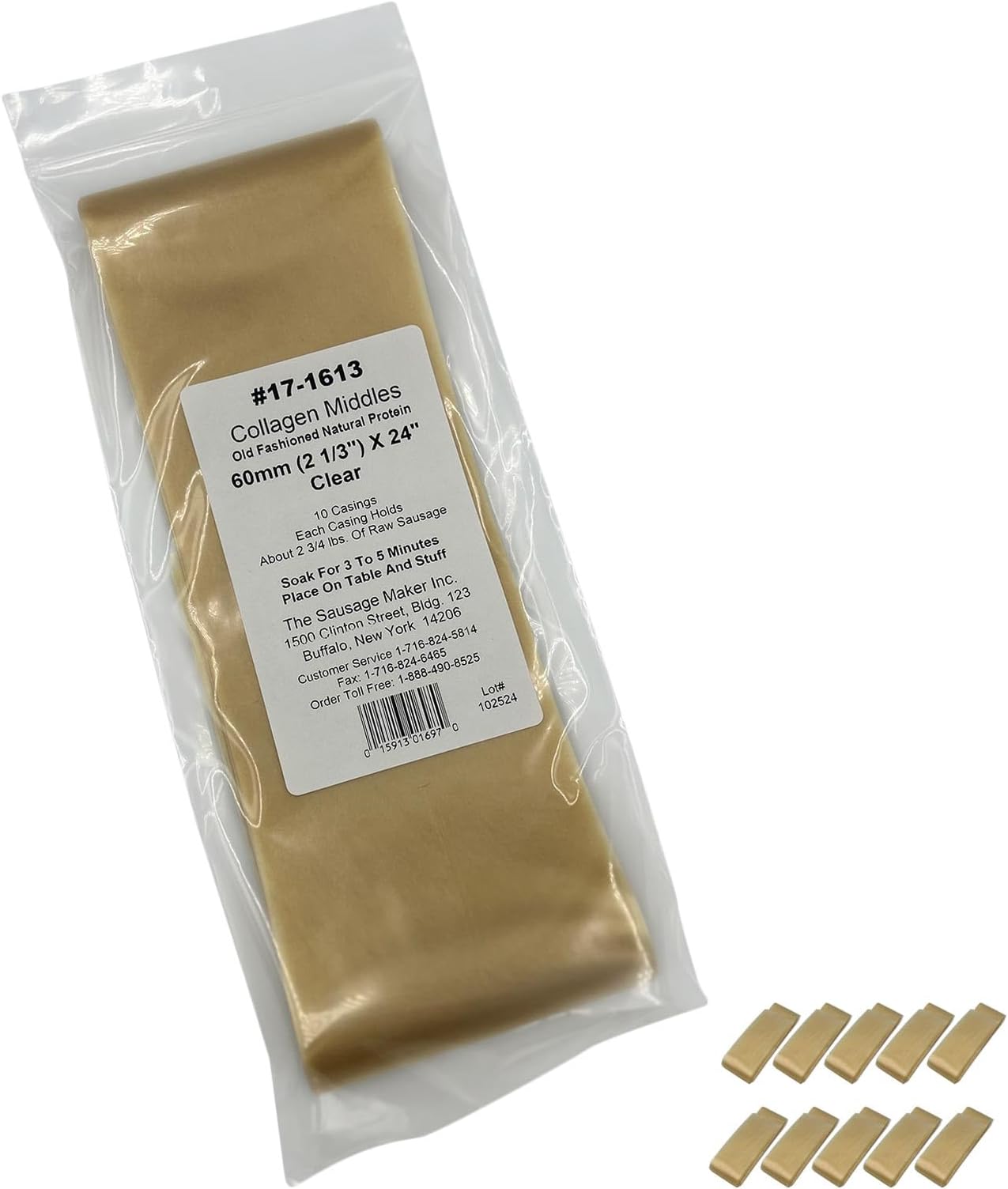 The Sausage Maker® 60mm Clear Collagen Casings For Sausage Making - 10 Pack, Non-Edible Casing For Cooked, Semi-Dry, Dried Sausage, 2 3/8" Diameter 24” Long, Stuff 1.3 Lbs Meat Per Case