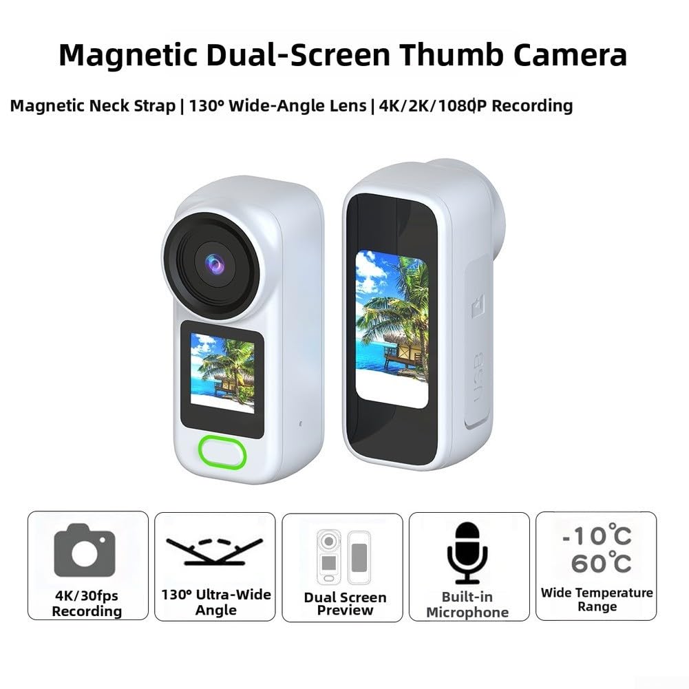 Action Camera compatta 4K con schermo HD da 1,44 pollici, foto da 12 MP e registrazione in loop per vlogger e appassionati di attività all'aperto (bianco)