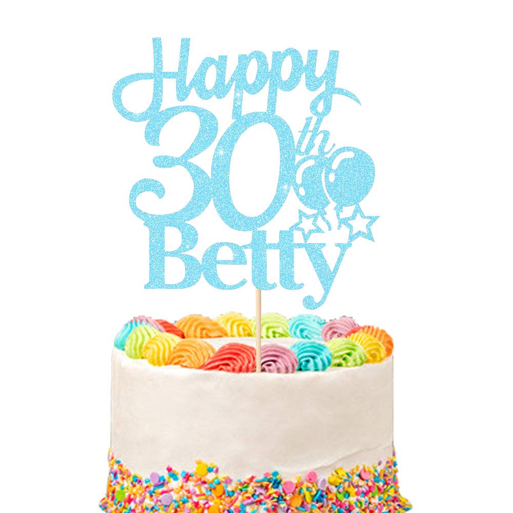 Personalised Name and Age Birthday cake topper. Happy Birthday cake topper. 18th, 21st, 30th, 40th, 50th, 60th Cake topper. Non-shed Double Sided Glitter Cake Decoration (Baby Blue)