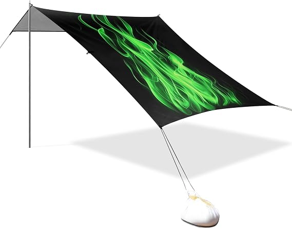 Cool Fluorescent Flame Black Beach Cabana Tent UPF50+ Protection Lightweight Portable Sunshade Includes Sand Shovel, Sandbags, Stability Poles for Camping, Fishing, Backyard Fun