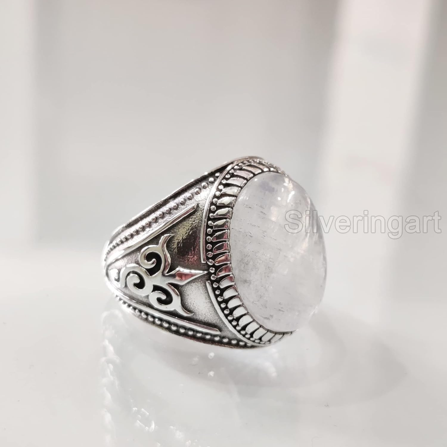 Rainbow Moonstone Mens Ring, Natural Blue Fire Rainbow Moonstone, Silver Jewelry, 925 Silver Ring, Birthday Gift, Heavy Mens Ring, Arabic Design, Ottoman Style Ring, Christmas, Turkey Mens Signet Ring