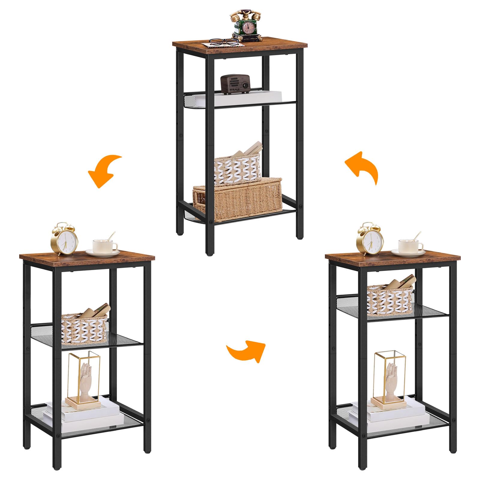 HOOBRO Mesita Auxiliar, Mesilla de Noche, Mesita de Teléfono, Estantes de Malla Ajustables, para Oficina y Sala de Estar, Estilo Industrial y Madera, Alto y Estrecho, Marrón Rústico EBF01DH01G1