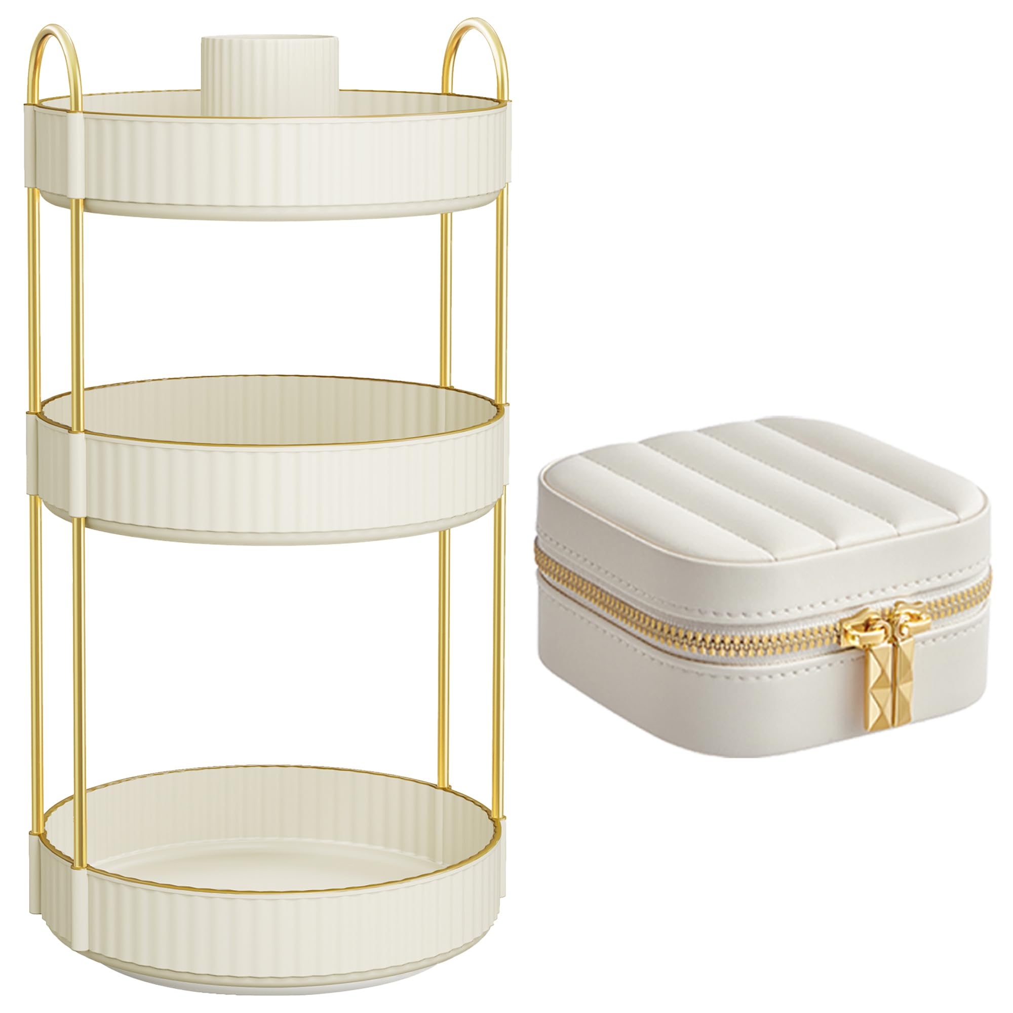 SONGMICS Makeup Organizer and Travel Jewelry Box Bundle, Customizable, Portable, PU Surface with Stitching, Gift Idea, Cloud White UJKA011W01 and UJBC179W01