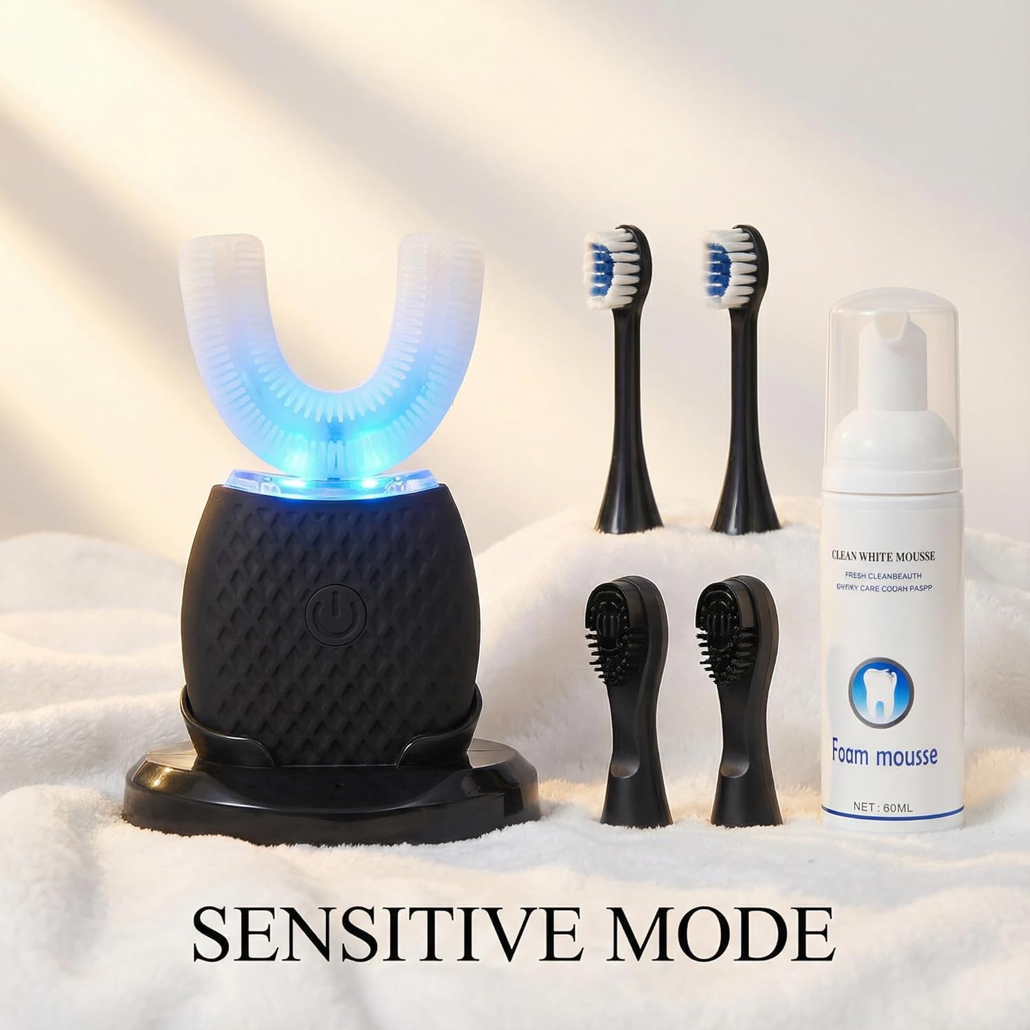 U-Shaped Electric Toothbrush for Adults – 360° Automatic Teeth Cleaning with Soft Silicone Brush Head, Foam Mousse Toothpaste Included, USB Rechargeable Oral Care Kit (Black)