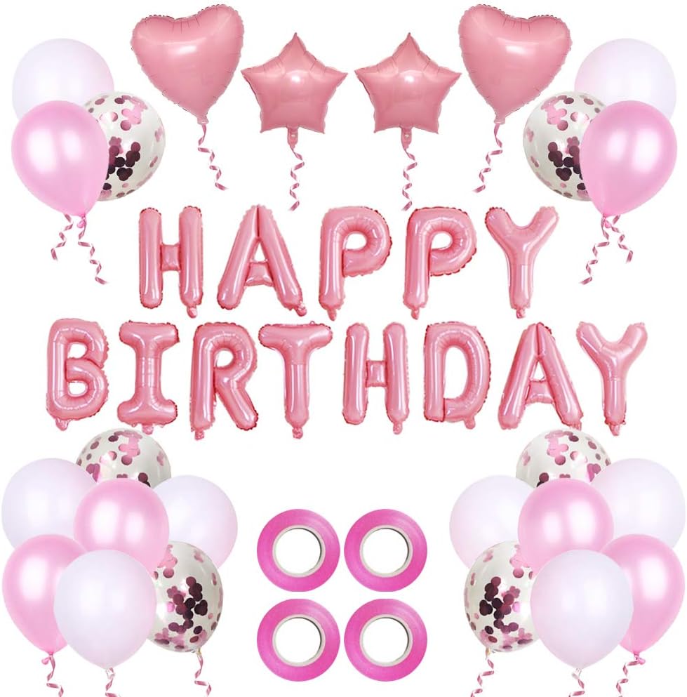 HusDow 70pcs Birthday Decorations for Girls, Pink Happy Birthday Banner 50pcs Confetti Balloons Foil Balloon with 3pcs Balloons Ribbon for Girl Women Birthday Party Supplies