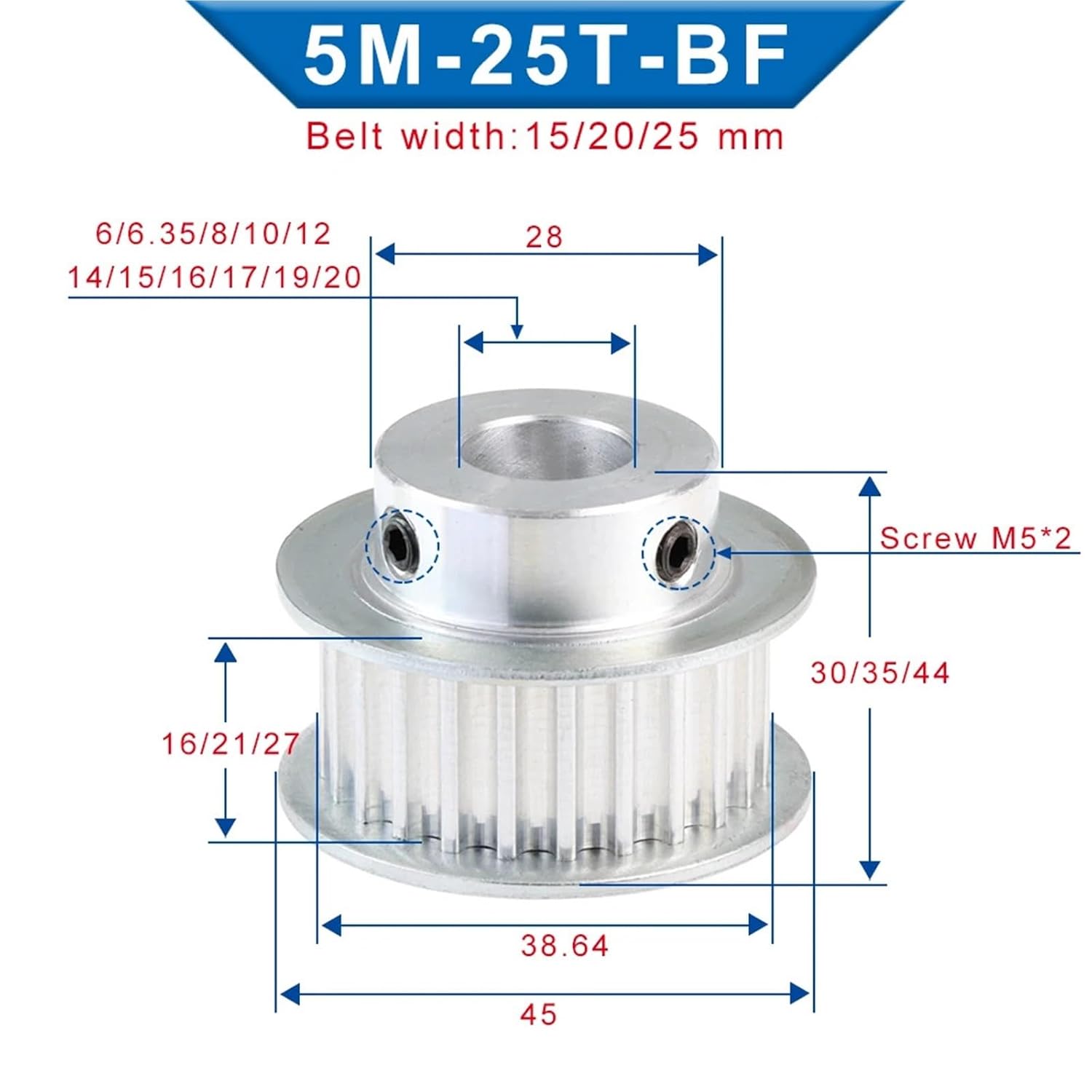 1pc 5M 25T Belt Pulley Bore 6/6.35/8/10/12/12.7/14/15/16/17 mm Alloy Pulley Wheel for 5M Rubber Belt Width 15/20/25mm 5M 25Teeth(8 mm,Belt Width 15 mm)